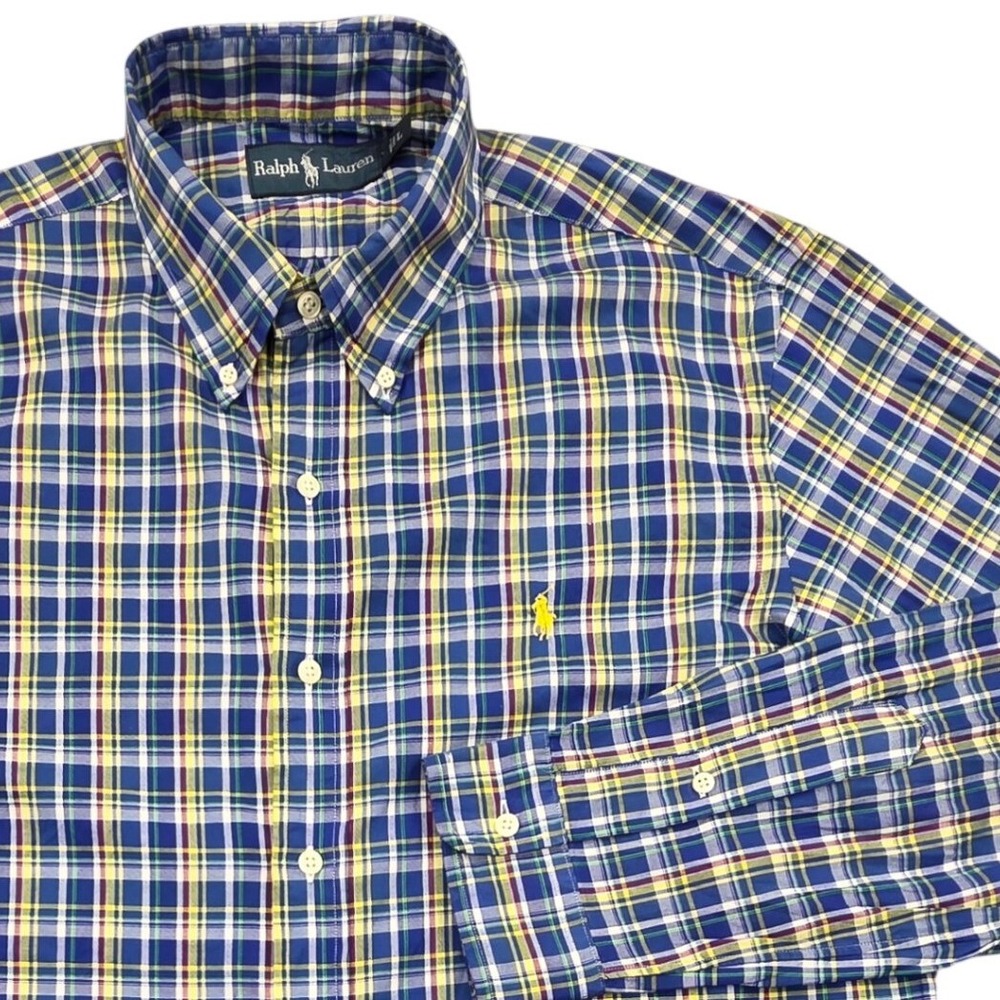 Ralph Lauren Mens Large Blue Yellow Plaid Cotton Long Sleeve Button Down Shirt